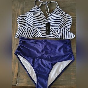 Tempt Me High Rise Tummy Control Striped Bikini Set - Navy and White NWT ❤️